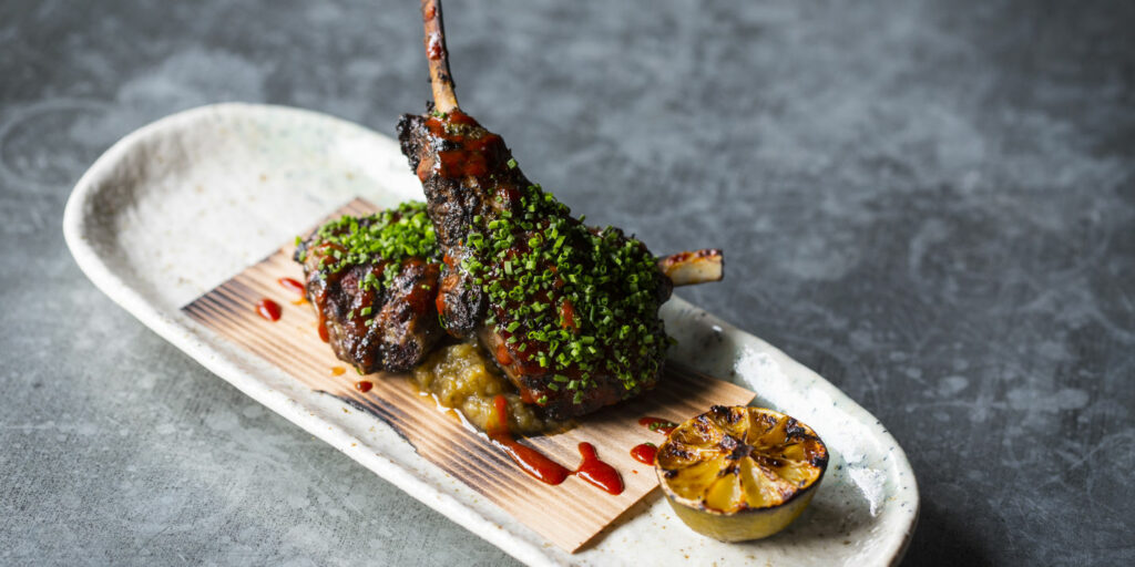 Tea-smoked lamb chops, with miso grilled aubergine (nasu dengaku) and pickled daikon