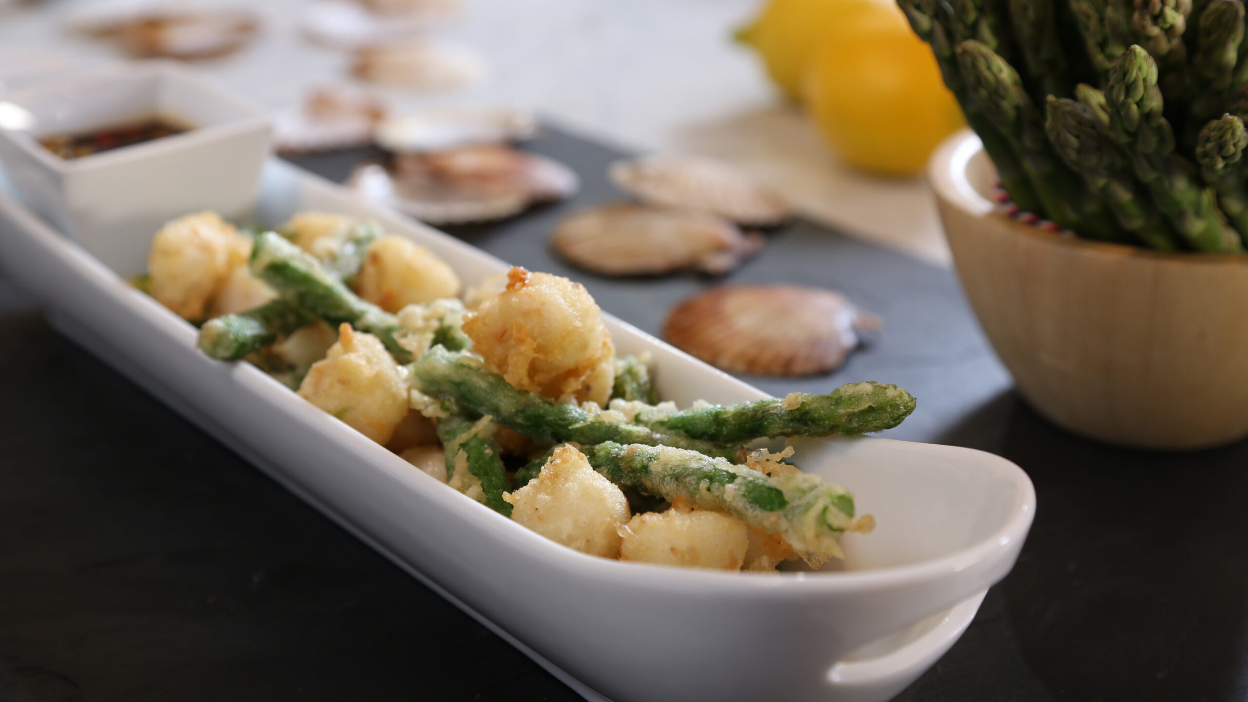 Tempura scallops and asparagus with ponzu dressing